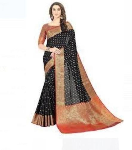 Party Wear Comfortable Lightweight Woven Design Black Printed Banarasi Cotton Silk Saree