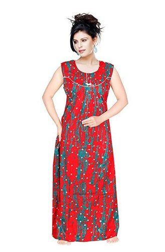 Summer Ladies Sleeveless Round-Neck Red Cotton Printed Long Nighty