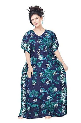 Summer Ladies Sleeveless V-Neck Blue And Green Cotton Print Batik Kaftan Nighty