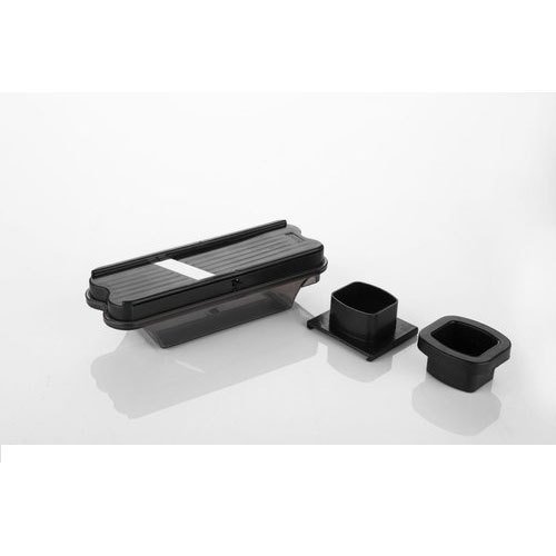 शार्प स्टेनलेस स्टील ब्लेड और कंटेनर के साथ ब्लैक प्लास्टिक मैनुअल ड्राई फ्रूट स्लाइसर