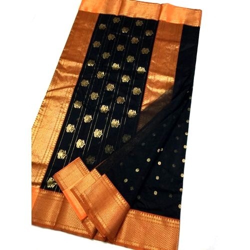 Party Wear Women Designer And Stylish Blue And Golden Cotton Saree With Unstitched Blouse