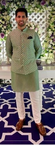 Royal Green Comfortable And Stylish Banarasi Silk Ethnic Mens Jacket For Party Wear