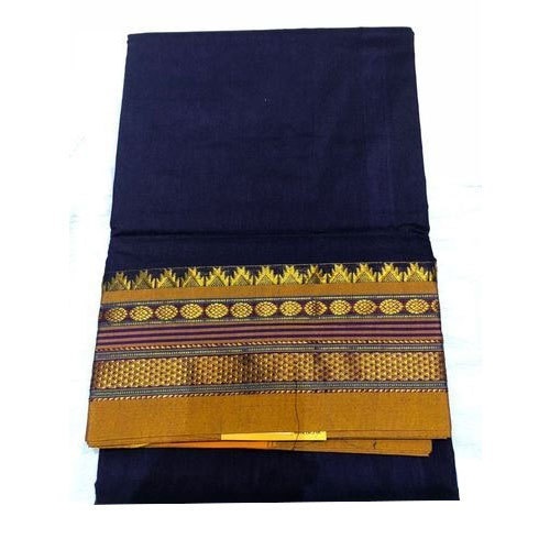 Party Wear Women Beautifully Design Breathable Blue And Golden Cotton Saree With Unstitched Blouse