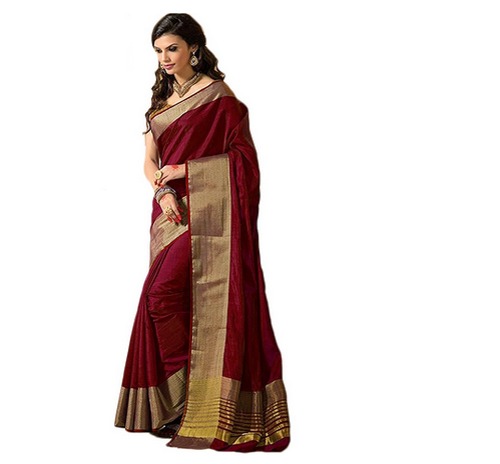 Printed Women Highly Breathable And Stylish Maroon And Golden Ethnic Wear Cotton Saree