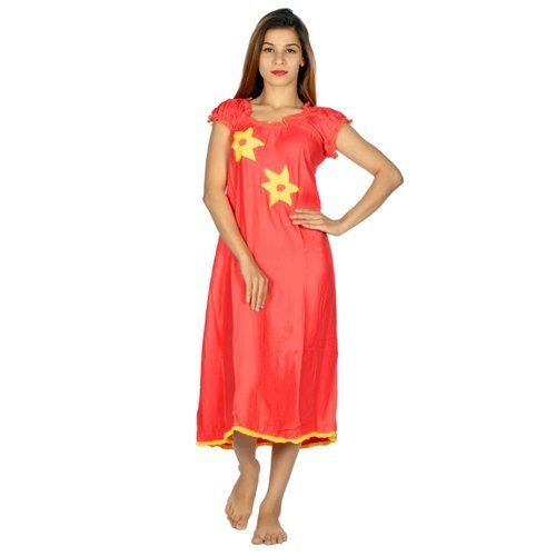 Red Comfortable And Fashionable Latest Ladies Printed Silk Sleep Wear Nighty 