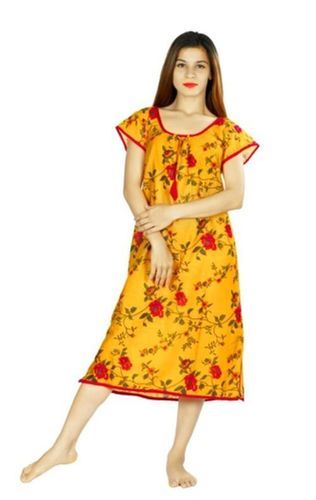 Yellow Ladies Round Neck Orange Embroided Light Nightwear Gown 