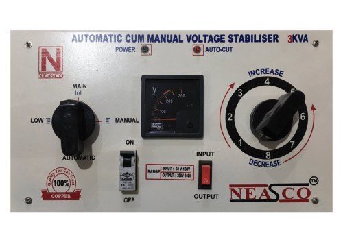 White Portable Automatic Cum Manual Single Phase Servo Voltage Stabilizer, Input Voltage 800V, Output Voltage 415V And Frequency 75 Mhz Ambient Temperature: 52 Celsius (Oc)