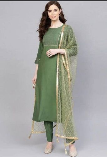 Ladies Casual 3/4Th Sleeves Round-Neck Green Cotton Plain Long Kurti With Dupatta Decoration Material: Beads