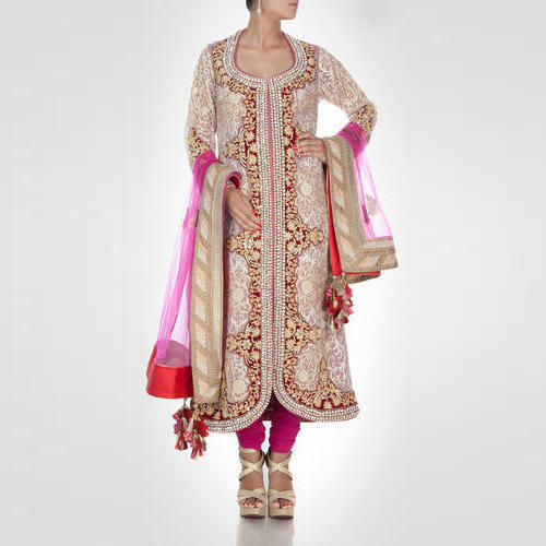 Stylish Look And Elegant Embroidered Zari Work Pink Suit For Ladies Party Wear Decoration Material: Stones