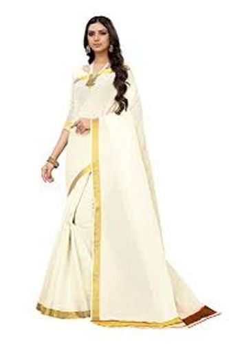 Plain Traditional Half White Golder Border Of Kerala Cotton Saree 