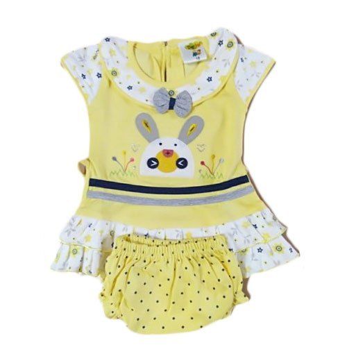 Modern Style Breathable Yellow Cotton Short Sleeve Printed Baby Frock