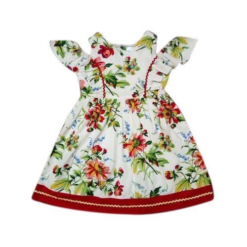 No Fade Regular Wear Floral Print Cotton White And Red Frock,Skin Friendly,Wrinkle Free