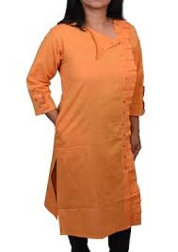 Simple Soft And Comfortable 3/4 Sleeved Side Cut Cotton Kurti For Daily Wear