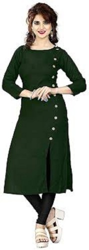 Cotton Long Sleeves Simple Classic Style Trendy Green Straight Ladies Kurti