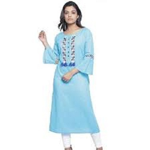 Stylish Shiny And Comfortable Embroidered 3/4 Bell Sleeved Cotton-Silk Blend Kurti For Casual Wear