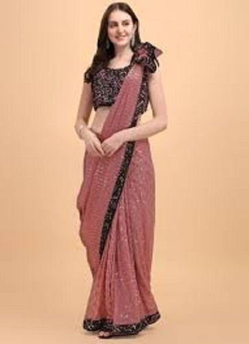 Plain Women Embroidered Party Wear Pink And Black Designer Georgette Saree