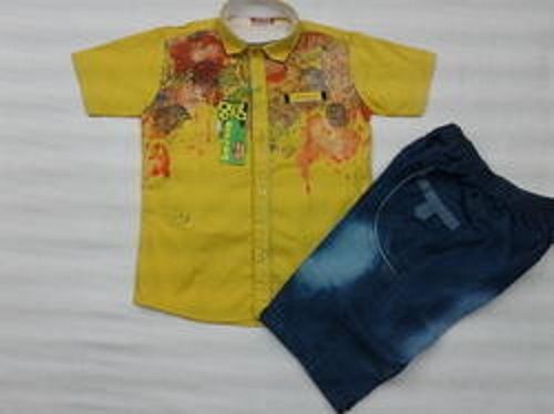 Dry Cleaning Kids Short Sleeves Casual Wear Comfortable Printed Cotton Yellow Shirt With Denim Pant 