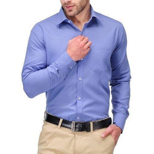  Comfortable Skin Friendly Blue And Formal Wear Full Sleeve Plain Cotton Shirt  Collar Style: Straight