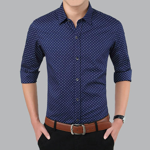 Designer Soft Comfortable Breathable And Stylish Navy Blue Printed Collar Neck With Full Sleeves Formal Shirts For Men