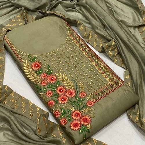 Designer Unstitched Cotton Suits - Customized Sizes, Blue & Red Colors | Lightweight, Quick Dry, Washable, Full Sleeves, Bead Decoration
