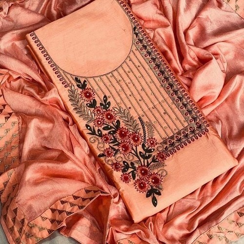 Light & Breezy Colour Orange Designer Unstitched Suits Beautiful Pattern High Quality Fabric Decoration Material: Beads