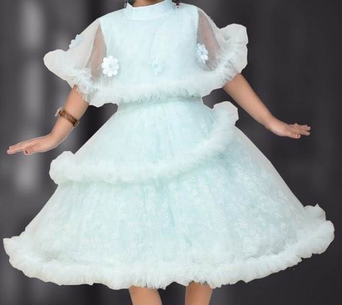 No Fade Kids Stylish Party Wear Comfortable And Breathable Skin Friendly Plain Blue Frock 