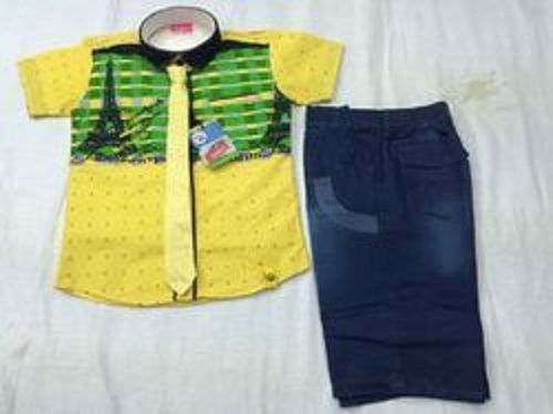 Dry Cleaning Printed Yellow Shirt Short Sleeves With Denim Pant For Kids Casual Wear 