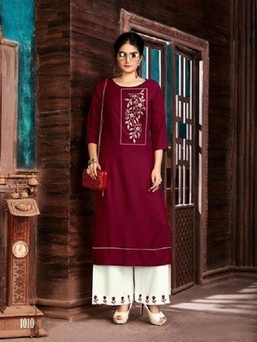 Women Round Neck 3/4 Sleeves Comfortable And Soft Printed Maroon Round Neck Kurti