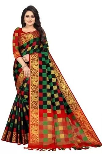 Colorful Comfortable Checkered Kanjivaram Jacquard Cotton Silk Saree For Ladies