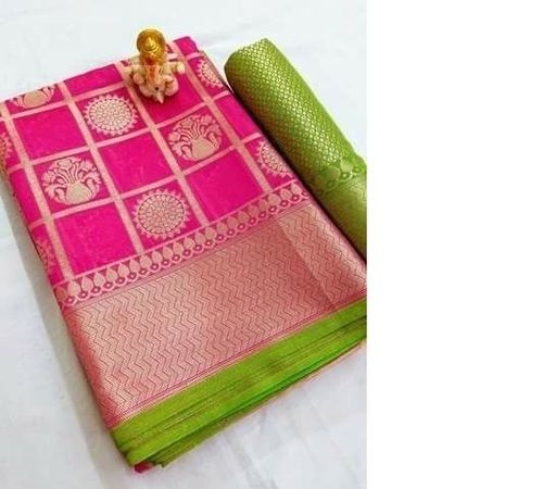 Pink Green Silver Banarasi Cotton Silk Printed Sarees For Ladies With Blouse Piece Set