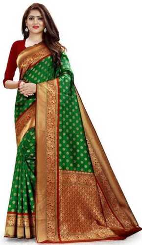 Cotton Women Fashionable Beautiful Parity Wear Red And Green Printed Silk Saree