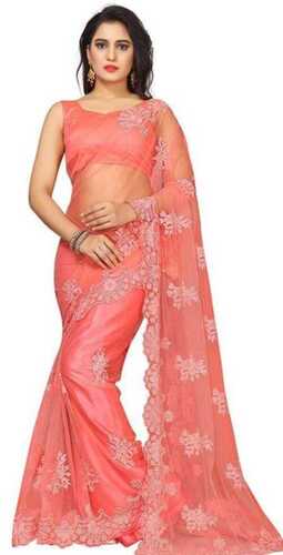 Winter Women Stylish Stunning Look Party Wear Embroidered Peach Net Designer Saree