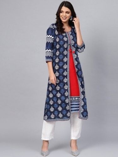 Round Neck Lightweight Comfortable Washable Pure Cotton Navy Blue Printed Kurti For Ladies Bust Size: 35-36 Inch (In)