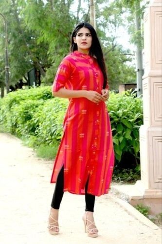 Short Sleeve Stylish Comfortable Designer Pink And Orange Cotton Kurti For Ladies Bust Size: 35-36 Inch (In)