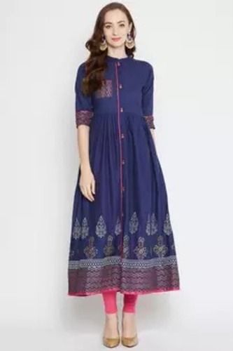 Indian Stylish Block Printed Half Sleeves Comfortable Lightweight Blue Flared Kurta For Ladies