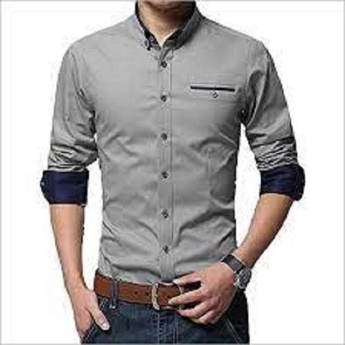 Comfortable Lightweight Grey Plain Cotton Full Sleeve Mens Shirt For Casual Wear Collar Style: Straight