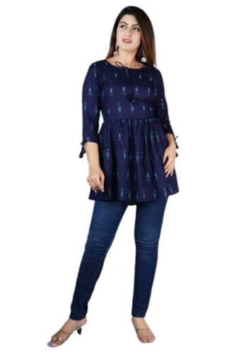 Iron Skin Friendly Casual 3/4 Sleeves Printed Women Blue Cotton Top