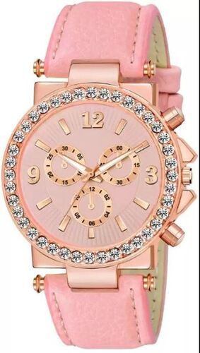 Pink Leather Round Women'S Analog Wrist Watch 