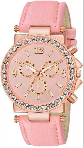 Pink Leather Round Women'S Analog Wrist Watch  Gender: Women