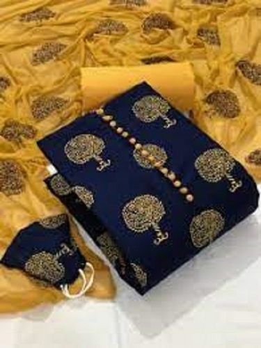 Indian Dark Blue And Yellow Printed Ladies Cotton Printed Suits For Party & Casual Wear