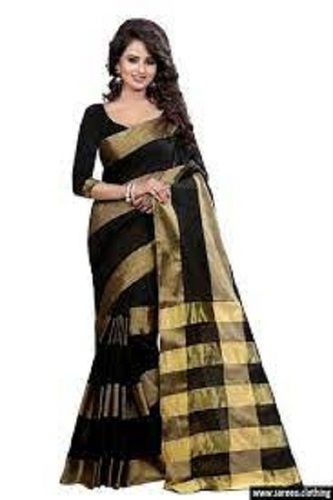 Party Wear Black Golden Cotton Printed Silk Saree Extremely Lightweight Delicate Elegant