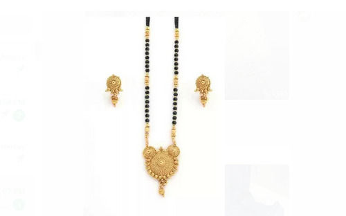 Gift Light Weight Golden And Black Bead Long Chain Mangalsutra With Earrings For Women