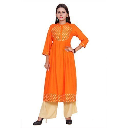 Orange Skin Friendliness Round Neck And 3/4 Sleeves Breathable Rayon Ladies Frock Kurti