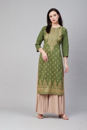 Green Women Casual Wear Keyhole Neck 3/4Th Sleeve Printed Designer Straight Kurti