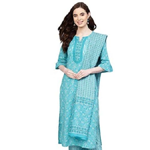 Sky Blue White Comfortable To Wear And Breathable Cotton Straight Ladies Kurta With Dupatta