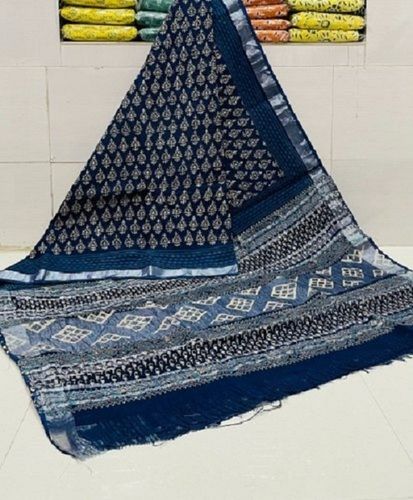 Casual Party Wear Blue Printed Cotton Ladies Saree With Blouse Piece Set