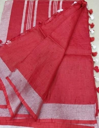 Plain Pure Red Linen Cotton Ladies Saree With Blouse Piece Set For Casual Wear