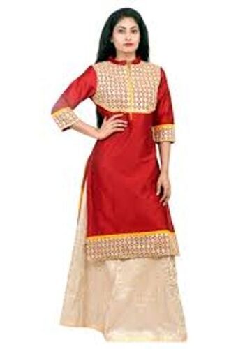 Stylish 3/4Th Sleeves Red Embroidery Cotton Kurtis Bust Size: 36  Centimeter (Cm)