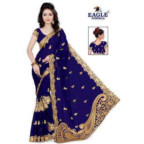 Indian Women'S Dark Blue Stone Work Georgette Saree With Blouse Piece