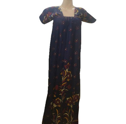 Comfortable And Breathable Floral Printed Navy Blue Cotton Ladies Nighty